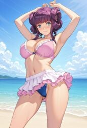 ai_generated armpits arms_behind_back beach bikini blue_eyes blue_panties blush breasts castlevania castlevania:_portrait_of_ruin double_bun drill_hair female hime_cut huge_breasts large_breasts looking_at_viewer miniskirt pale-skinned_female pale_skin pink_bra purple_hair smile stella_lecarde thighs tied_hair voluptuous voluptuous_female