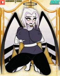 1girls 2d angel angel_wings animated big_breasts blush breast_grab breasts female female_only groping groping_breasts hands_on_breasts hazbin_hotel heaven looking_at_viewer lute_(hazbin_hotel) nipples nipples_visible_through_clothing open_mouth perfect_loop short_hair sky uzzi-ponydubberx white_body white_hair yellow_eyes