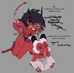 anal anal_sex anthro areola biped black_hair bodily_fluids breasts clothed clothing dialogue duo eyebrows female female_penetrating female_penetrating_male fingers grey_background hair hellaverse helluva_boss horn humanoid imp male male/female male_penetrated matchattea millie_(helluva_boss) moxxie_(helluva_boss) nipples object_in_ass pegging penetration question_mark red_body saliva sex sex_toy sex_toy_in_ass sex_toy_insertion simple_background sitting text tongue tongue_out toying_partner white_body white_hair