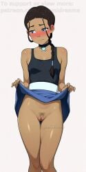 1girls _yumidreams accurate_art_style ai_generated ashamed avatar_legends bare_legs bare_shoulders black_tank_top blush braid braided_hair braided_ponytail collar collarbone dark-skinned_female embarrassed explicit flushed flushed_cheeks hairy_pussy high_resolution highres jewelry katara looking_down medium_breasts no_underwear petite pussy pussy_peek simple_background skinny skinny_girl small_breasts upskirt upskirt_view