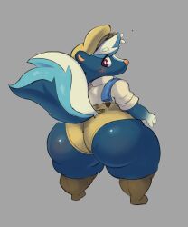 1boy 2d animal_crossing ass big_ass big_butt blue_body blue_fur bubble_butt clothes clothing fat_ass fat_butt fat_thighs femboy furry furry_only girly hat headwear kicks_(animal_crossing) looking_at_viewer looking_back looking_back_at_viewer looking_over_shoulder male male_only mephitid nintendo no_genitals no_pants no_sex nonhuman saltyseaskunk skunk skunk_tail solo solo_male standing thick_thighs