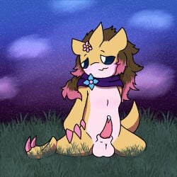 accessory anthro blue_eyes blue_sky bodily_fluids breasts brown_hair circe_(psykwol) claws colored_nails embarrassed flower flower_in_hair generation_1_pokemon genital_fluids genitals grass grassland hair hair_accessory half-closed_eyes long_hair looking_aside male nails narrowed_eyes nervous nervous_look nervous_smile night nintendo outside penis pink_claws pink_hair pink_nails pkfreak plant pokemon pokemon_(species) precum precum_on_penis presenting presenting_penis purple_sky sandslash scarf seductive sitting sky small_breasts solo star starry_sky tail tan_body trans_(lore) trans_woman_(lore) yellow_body