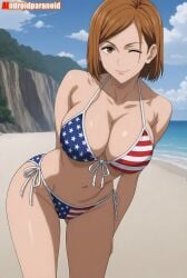 1girls ai_generated aindroidparanoid american_flag_bikini beach bikini brown_eyes brown_hair fake_art female female_focus female_only jujutsu_kaisen kugisaki_nobara looking_at_viewer nobara_kugisaki short_hair smile smiling smiling_at_viewer solo solo_female tagme two_piece_swimsuit