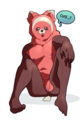 1boy alpha_channel anthro ass black_eyes brown_fur feet flaccid floatiesoda furry looking_at_viewer male male_only nintendo nipples nude panda penis pink_fur pokemon pokemon_sm sitting solo stufful sweat testicles text toes video_games white_fur