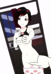 1girls 3d breasts happy lvl3toaster nude one_finger_selfie_challenge pajamas phone ruby_rose rwby selfie shirt_lift silver_eyes smile