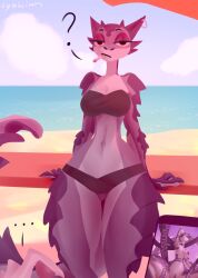 2025 anthro beach biped breasts cigarette darya_(tlen) digital_media_(artwork) electronics female female_anthro first_person_view furgonomics furry-specific_piercing half-closed_eyes holding_object holding_phone horn horn_piercing lyahim narrowed_eyes navel outside phone piercing question_mark reptile scales scalie smoking smoking_cigarette solo