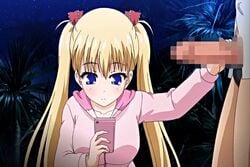 1boy 1girls airi_akizuki animated blonde_hair blue_eyes blue_gale bow breasts censored climax clothing cum cum_shot dodge dodging_cumshot ejaculation faceless_male handjob large_breasts oni_chichi oni_chichi_refresh phone poro shorter_than_10_seconds sound tied_hair twintails video