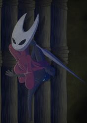 2_horns absurd_res action_pose anthro anus arthropod black_eyes blue_genitals blue_nipples blue_vulva bottomless bottomless_female breasts climbing climbing_wall cloak clothed clothing detailed_background exhibitionism exoskeleton female genitals hi_res hollow_knight:_silksong hollow_knight_(franchise) horn hornet_(hollow_knight) melee_weapon moopsart nipples outside pose public red_cloak red_clothing slim solo stinger stinger_tail sword team_cherry thick_thighs upskirt vulva weapon