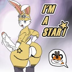 1femboy 2-ban_(artist) 3d 3d_model big_ass big_balls big_penis big_thighs blue_eyes blush blush_lines bunny bunny_boy bunny_ears bunny_tail erect_penis femboy gala_the_bunny_(2-ban) glasses_on_head gloves looking_back naked_male oc original_character star star_(symbol) star_glasses tagme taiga_stripes_(2-ban) text yellow_fur