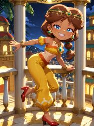 ai_generated blue_eyes brown_hair earings harem_outfit harem_pants head_jewelry high_heels mario_(series) mario_kart mario_kart_world nintendo oasis_girl oriental princess_daisy princess_daisy_(oasis) super_mario_land tan_body tan_skin