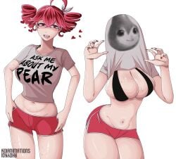 1girls ahoge ahoykoi arched_back belly big_breasts big_thighs breasts breasts_bigger_than_head curvaceous curvy curvy_female curvy_figure dolphin_shorts exposed_belly female female_only flashing flashing_breasts grey_shirt hair_ornament hairbow heart hearts_around_head huge_breasts kasane_teto kasane_teto_(sv) koianimations large_breasts large_thighs lips massive_breasts meme nail_polish navel open_mouth painted_nails pearto plump plump_breasts plump_thighs red_eyes red_hair red_nails shirt short_shorts shorts simple_background skindentation slim_waist solo solo_female sticking_ass_out sweat sweating sweaty_breasts synthesizer_v thick_thighs thighs top_heavy twin_drills utau voluptuous voluptuous_female white_background wide_hips