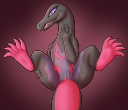 2022 5_fingers absurd_res anthro anus artist_name ass belly belly_markings better_version_at_paywall chest_markings digital_media_(artwork) draconix feet female fingers generation_7_pokemon genitals grey_body grey_scales hi_res humanoid_genitalia humanoid_vulva itsdraconix lizard looking_at_viewer lying markings nintendo on_back pink_body pink_scales pink_soles pokemon pokemon_(species) presenting presenting_vulva purple_body purple_eyes purple_scales purple_sclera reptile salazzle scales scalie semi-anthro smile snout soles solo spread_legs spreading tail text tongue vulva watermark