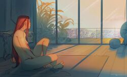 breasts dutch_braided_ponytail female_pubic_hair hair_down highres implied_after_sex implied_after_threesome implied_yuri kpop_demon_hunters long_hair mira_(kpop_demon_hunters) morning on_floor plant pubic_hair railing rumi_(kpop_demon_hunters) sangoundercover sitting small_breasts solo_focus unworn_clothes window