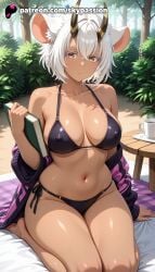 1girls 2025 ai_assisted ai_generated animal_ears anime artist_name bamboo bamboo_forest barefoot belphegor_(sin_nanatsu_no_taizai) big_breasts big_chest bikini black_bikini book breast breasts brown_eyes bush bust busty chest christmas_tree clipboard collarbone covered_nipples cup dark-skinned_female dark_skin day explicit female grass hi_res high_quality high_resolution highres holding holding_book indoors jacket large_breasts leaf looking_at_viewer navel off_shoulder open_book outdoors palm_leaf palm_tree patreon patreon_username plant potted_plant reading short_hair side-tie_bikini sin_nanatsu_no_taizai sitting skypassion solo stable_diffusion swimsuit tan thighs tree under_tree watermark white_hair