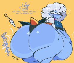 1girls anthro ass ass_focus bbw belly big_ass big_belly big_breasts blue_body bottom_heavy breasts bubble_butt deltarune deltarune_chapter_3 dialogue elnina_(deltarune) fat_ass female female_focus furry huge_ass large_ass massive_ass mstreetsamurai overweight overweight_female text thick_ass thick_thighs thunder_thighs undertale_(series) white_hair wide_hips