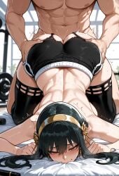 1boy 1girls abs ai_generated ass ass_grab back bangs bed black_hair black_legwear black_shorts black_thighhighs blush breasts clothed_female_nude_male clothing curvaceous curvaceous_female curvaceous_figure curvy curvy_figure doggy_style earrings female female_focus flower gold_earrings gold_hairband gym gym_clothes gym_uniform hair_ornament hairband headwear indoors jewelry large_breasts legwear loid_forger long_hair male miyuai muscle muscular muscular_female muscular_male navel nude on_bed red_eyes sex sex_from_behind sheet_grab short_shorts shorts sidelocks smile solo_focus spy_x_family straight sweat taken_from_behind thick_thighs thighhighs thighs toned top-down_bottom-up topless torn_clothes torn_shorts trembling underwear voluptuous voluptuous_female yor_briar yor_forger