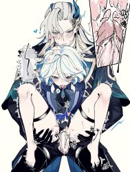1boy 1girls ahoge bare_thighs barefoot blue_eyes blue_hair blue_nail_polish blush bodily_fluids bodily_fluids_in_pussy bottomless_female carrying carrying_partner clothed_sex cum_in_pussy cum_inside duo feet fucked_senseless fucked_silly furina_(genshin_impact) genshin_impact heart heart-shaped_pupils heart_eyes heterochromia highres horny_female internal_view legs legs_spread lifting_partner lifting_person light_blue_hair long_hair_male looking_pleasured m_legs male_penetrating_female mapopopo333 motion_lines multicolored_hair nakadashi neuvillette_(genshin_impact) orgasm orgasm_face penis_in_pussy petite pleasure_face pointy_ears purple_eyes question_mark raw_sex reverse_suspended_congress saliva saliva_string saliva_trail sex short_hair_female silver_hair size_difference smaller_female stand_and_carry_position streaked_hair sweat taller_male thick_thighs thigh_grab thigh_strap thighs tongue_out tremble_lines tremble_spikes two_tone_hair vaginal_penetration vaginal_sex white_background white_hair x-ray