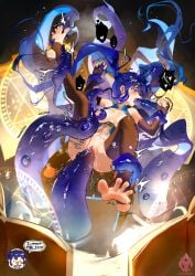 barefoot blue_hair blush breasts clothed_sex feet fellatio flexible_toes full_body highres long_hair magic_circle motion_lines nipples oral pussy pussy_juice rolling_eyes small_breasts tentacle tentacle_sex trembling twintails vaginal_penetration yeougui