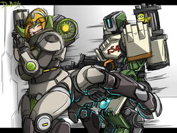 2d against_wall avian bastion_(overwatch) big_breasts bird blizzard_entertainment blonde_hair breasts dr.bug duo female from_behind_position fucked_silly ganymede_(overwatch) living_machine looking_pleasured machine male mammal omnic orisa overwatch penetration penis raised_leg robot sex straight taur vaginal_penetration yellow_eyes