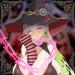 1boy animal_penis areola_slip bar_censor bare_shoulders blurry blurry_background blush breasts censored chain_leash chains cleavage collar collarbone colored_inner_hair covered_nipples crossed_bangs diabellstar_the_black_witch duel_monster erection eyelashes female green_hair grey_eyes grey_hair hair_between_eyes hat highres horse_penis huge_breasts huge_cock large_areolae leash licking_lips looking_at_penis looking_at_viewer monocle multicolored_hair paizuri penis soulinflation sweatdrop tongue tongue_out twitching_penis undersized_breast_cup upper_body variant_set veins veiny_penis witch_hat yu-gi-oh! zoophilia