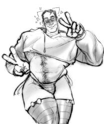 bandaid_on_nose bara bara_tits barazoku big_pecs blush bulge cat_ears chest_hair chubby coke_enjoyer crop_top cropped_hoodie dilf double_v femboy glasses happy_trail heart large_pectorals masculine_crossdresser medic_(team_fortress_2) muscular muscular_male older_femboy older_male side-tie_bikini_bottom skindentation striped_thighhighs strongfat team_fortress_2 thighhighs thong underpec