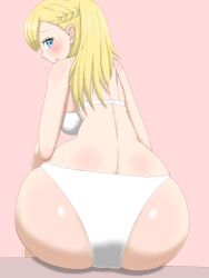 1girls ass blonde_hair blue_eyes bra bra_only butt female female_only female_solo looking_at_viewer looking_back mana_(monster_strike) monster_hunter panties panties_only solo solo_female solo_only underwear underwear_only white_bra white_panties white_underwear