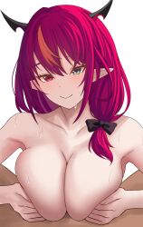+_+ 1boy absurdres black_bow black_horns blue_eyes blush bow breasts breasts_squeezed_together cleavage closed_mouth collarbone completely_nude female hairbow heterochromia highres hololive hololive_english horns huge_breasts irys_(hololive) long_hair multicolored_hair nude paizuri pink_eyes pink_hair pointy_ears red_hair si_farid simple_background smile solo_focus streaked_hair sweat teeth two-tone_hair virtual_youtuber white_background