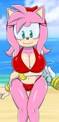 1girls alternative_hairstyle amy_rose anthro ass_slap beach big_breasts bikini blush breasts eulipotyphlan female female_focus gloves green_eyes hairband handwear headwear hedgehog male nipple_bulge nipples offscreen_character pink_body pink_fur pink_hair red_bikini sega silver_the_hedgehog sonic_(series) sonic_the_hedgehog_(series) sonicguru swimsuit