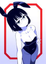 black_hair breasts cleavage expressionless female freckles glasses leotard looking_at_viewer naosan2011 playboy_bunny short_hair solo tagme