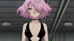 black_choker black_leotard black_one-piece_swimsuit blush breasts brown_eyes ceiling_light censored center_opening choker collarbone cosplay dr.stone edit female hair_ornament hair_over_one_eye indoors leotard lipstick looking_at_viewer luna_(dr.stone) makeup medium_breasts one-piece_swimsuit open_mouth pink_hair short_hair solo star_(symbol) star_hair_ornament steca subtitled swimsuit thelazyart third-party_edit upper_body