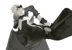 2boys belt bite_mark bite_mark_on_chest bow bracer closed_eyes cloud_strife cloud_strife_(blue_dress) coat crossdressing crossdressing_(mtf) crotch_grab dress final_fantasy final_fantasy_vii final_fantasy_vii_remake fishnets gloves grabbing_another's_arm hairbow hand_on_another's_head hand_up headband highres implied_handjob leaning_forward limited_palette long_dress long_hair long_sleeves lying male_focus multiple_belts multiple_boys nipples on_back on_lap parted_lips puffy_short_sleeves puffy_sleeves sephiroth short_hair short_sleeves simple_background sitting spiked_hair torn_clothes white_background xscr1205 yaoi