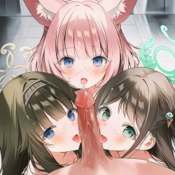 1boy 3girls ai-assisted airi_(blue_archive) animal_ear_fluff animal_ears black_hair blue_archive blue_eyes completely_nude cooperative_fellatio cum cum_on_body face_focus facial fellatio food-themed_hair_ornament from_above green_eyes green_hair hair_ornament halo ice_cream_hair_ornament long_hair looking_at_viewer multiple_girls niko_(blue_archive) nude oral penis penis_on_face pink_hair pov short_hair teamwork_(sexual) tongue tongue_out tsumugi_(blue_archive) uncensored