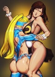 2girls alternate_costume alternate_hairstyle ass bearhug between_breasts biceps blonde_hair bracelet breast_smother breasts brown_hair catfight chun-li chun-li_(battle_ouffit_sfv) cleavage cling closed_eyes domino_mask female female_only gzy head_in_cleavage highres human jewelry large_breasts long_hair mask multiple_girls muscle muscular_female rainbow_mika sideboob spiked_bracelet spikes street_fighter street_fighter_v tied_hair toned twintails wrestling wrestling_outfit