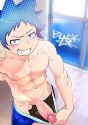 1boy black_star blue_hair erection male_only nipples penis presenting smile solo soul_eater teeth undressing