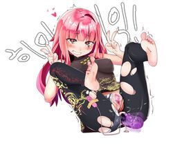 afterimage arms_up bangs bare_arms bare_shoulders barefoot black_legwear blade_&_soul blunt_bangs blush breasts character_request clenched_teeth closed_mouth clothing double_v drooling egg_vibrator erect_nipples erect_nipples_under_clothes eyebrows_visible_through_hair feet female full_body gh gradient_hair half-closed_eyes heart heart-shaped_pupils high_collar impossible_clothes jewelry korean_text leaning_back legs_up long_hair lube lying medium_breasts motion_blur motion_lines multicolored_hair on_back panties panties_aside panties_under_pantyhose pantyhose pink_hair purple_hair raised_eyebrows red_eyes remote_control_vibrator ring saliva simple_background smile soles solo sweat symbol-shaped_pupils tape tearing_up tears teeth text toes torn_clothes torn_pantyhose torogao translation_request trembling two_tone_hair underwear v vibrator vibrator_in_anus vibrator_taped_to_leg vibrator_taped_to_pussy wavy_eyebrows white_background white_panties wide-eyed