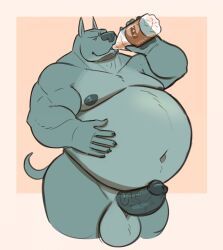 2025 anthro balls belly beverage big_balls big_belly big_penis bottle canid canine canis closed_eyes container domestic_dog drinking erection genitals glands gus_(lizard_soup) hand_on_belly hi_res holding_bottle holding_container holding_object huge_balls lizard_soup male mammal muscular muscular_arms navel nipples nude obese obese_anthro obese_male overweight overweight_anthro overweight_male penis simple_background soda solo vein veiny_penis