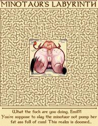1boy 1girls 2025 anal anal_sex anus ass ass_waves breasts bubble_butt cum_in_ass cum_inside dialogue erika_(valmar) faceless_male fat_ass game game_over hooves horns kicking loincloth maze minotaur motion_lines narration painal penis pussy puzzle raped red_hair tail thick_ass thick_thighs thighs underboob valmar yellow_eyes