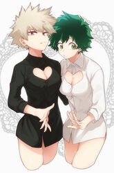 2girls adult_swim blonde_hair bottomless brown_eyes cleavage cleavage_cutout clothes clothing female female_bakugou female_deku female_focus female_only green_eyes green_hair heart_cutout human human_only izuku_midoriya katsuki_bakugou light-skinned_female light_skin looking_at_viewer maneki-neko_(fujifuji) multicolored_hair multiple_females multiple_girls my_hero_academia no_pants open_eyes rule_63 shirt short_hair simple_background spiky_hair tagme toonami very_short_hair white_background yuri