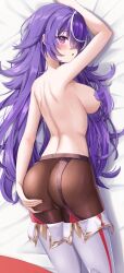 ;o absurdres arm_up ass back bed_sheet black_pantyhose blush boots breasts chevreuse_(genshin_impact) dakimakura_(medium) dokimaru female from_above genshin_impact hair_censor hair_over_one_eye hand_on_own_ass highres long_hair looking_at_viewer looking_back lying median_furrow medium_breasts multicolored_hair on_stomach one_eye_closed pantyhose purple_eyes purple_hair shoulder_blades solo streaked_hair thigh_boots topless_female very_long_hair white_boots