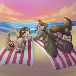 2017 anthro ass beach big_breasts big_butt blush breasts canine cloud female invalid_tag looking_back mammal meerkat mongoose nude pawpads potionmastercernun pussy raised_tail sand seaside sideboob size_difference sky smile stripes towel water wolf