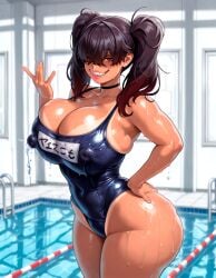 ai_generated becky_bigbottom_(starlightnex) big_breasts breasts breasts_bigger_than_head choker cleavage curvy curvy_body curvy_female curvy_figure curvy_hips dark_hair deep_cleavage erect_nipples erection_under_clothes female gyaru huge_breasts looking_at_viewer massive_breasts mischievous_smile original original_character pool red_eyes school_swimsuit school_uniform schoolgirl sharp_teeth slim_waist slutty_face smile smile_at_viewer smug smug_face starlightnex student tan_body thick thick_ass thick_hips thick_legs thick_lips thick_thighs thigh_highs thighhighs thighs touching twintails wet wet_body wet_skin wide_hips