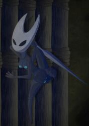 2_horns absurd_res action_pose anthro anus arthropod black_eyes blue_genitals blue_nipples breasts climbing climbing_wall cloak clothing detailed_background exhibitionism exoskeleton female hi_res hollow_knight:_silksong hollow_knight_(franchise) horn hornet_(hollow_knight) melee_weapon moopsart nipples nude nude_female outside pose posing_nude public red_cloak red_clothing slim solo stinger stinger_tail sword team_cherry thick_thighs weapon