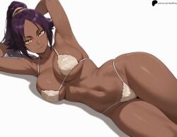 1girls ai_generated armpits arms_behind_head bikini bleach bleach:_the_thousand-year_blood_war breasts closed_mouth collarbone curvy dark-skinned_female dark_skin female hi_res high_quality high_resolution highres huge_breasts large_breasts light lips looking_at_viewer lying navel nose on_side opal_nemy patreon_logo patreon_url patreon_username plain_background ponytail purple_hair self_upload shadow shell_bikini shihouin_yoruichi shiny shiny_clothes shiny_hair shiny_skin simple_background solo swimsuit thick_thighs thighs watermark white_background wide_hips yellow_eyes
