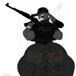 big big_breasts big_butt big_thighs bunny_ears chubby chubby_female female gold_jewelry jewelry judy_hopps police police_uniform policewoman thick_thighs weapon weapons zootopia