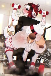 absurd_res anthro anus ass balls big_butt blush bodily_fluids bovid caprine clothed clothing drunkrussianman erection exercise footwear genital_fluids genitals goat gym hair half_naked hi_res horn humanoid_genitalia legwear looking_back male mammal penetration penis solo sweat tail thick_thighs topwear white_body workout