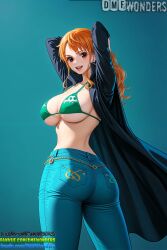 ai ai_art ai_generated arms_up artist_name ass bangs bikini bikini_top bikini_top_only black_coat blue_background booty breasts brown_eyes cleavage coat denim dmf_wonders earrings fansly fanvue_username female from_behind green_bikini jeans jewelry large_breasts lips long_hair looking_at_viewer looking_back nami_(one_piece) one_piece open_clothes open_mouth orange_eyes orange_hair pants photoshop_(medium) sideboob simple_background smile solo swimsuit tattoo twisted_torso twitter_username underboob upper_teeth x_(social_media) x_username