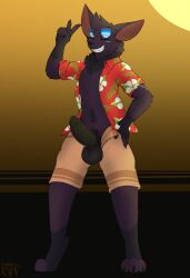 aloha_shirt anthro balls barefoot bat bat_ears bottomwear closed_eyes clothed clothing erection eyewear feet fur genitals glasses hi_res humanoid_genitalia humanoid_penis ineffective_clothing katauni katauni_(ghost_forger) male mammal neck_tuft open_bottomwear open_clothing open_pants open_shirt open_topwear pants pattern_clothing pattern_shirt pattern_topwear penis purple_body purple_fur shirt shorts simple_background smile solo teeth topwear tuft wingless_bat