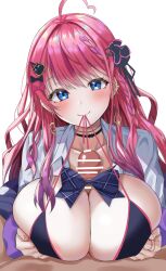 1boy ahoge bar_censor bear_hair_ornament bikini black_bikini black_bow black_choker black_scrunchie blue_eyes blush bow bowtie breasts censored choker closed_mouth collarbone collared_shirt commentary earrings ebi_193 female hair_ornament hair_scrunchie hairbow hairclip highres holding_strap huge_breasts jacket jewelry kuramochi_meruto kuramochi_meruto_(school_uniform) long_hair long_sleeves looking_at_viewer male mouth_hold multicolored_hair nijisanji paizuri penis pink_bow pink_hair pink_jacket plaid_bow plaid_bowtie plaid_clothes purple_bow purple_bowtie purple_hair scrunchie shirt simple_background smile solo_focus swimsuit two-tone_hair virtual_youtuber white_background white_shirt