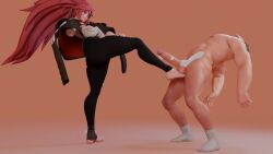 ballbusting ballbusting_orgasm black_pants clothed_female_nude_male cum femdom guilty_gear guilty_gear_strive kicking_balls muscular_male pink_hair sakurana_jk simple_background sound tagme very_long_hair video