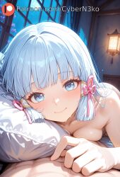 ai_generated bangs bed_sheet blue_eyes blue_hair blunt_bangs blush breasts closed_mouth collarbone cybern3ko eyebrows_visible_through_hair female genshin_impact hair_ornament hair_ribbon indoors kamisato_ayaka long_hair looking_at_viewer lying naked_sheet nude on_stomach ribbon smile solo window